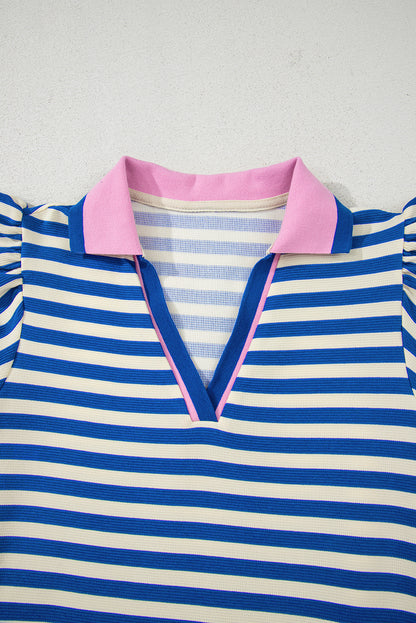Dark Blue Stripe Print Contrast Collar Split Neck Flutter Sleeve Short Dress