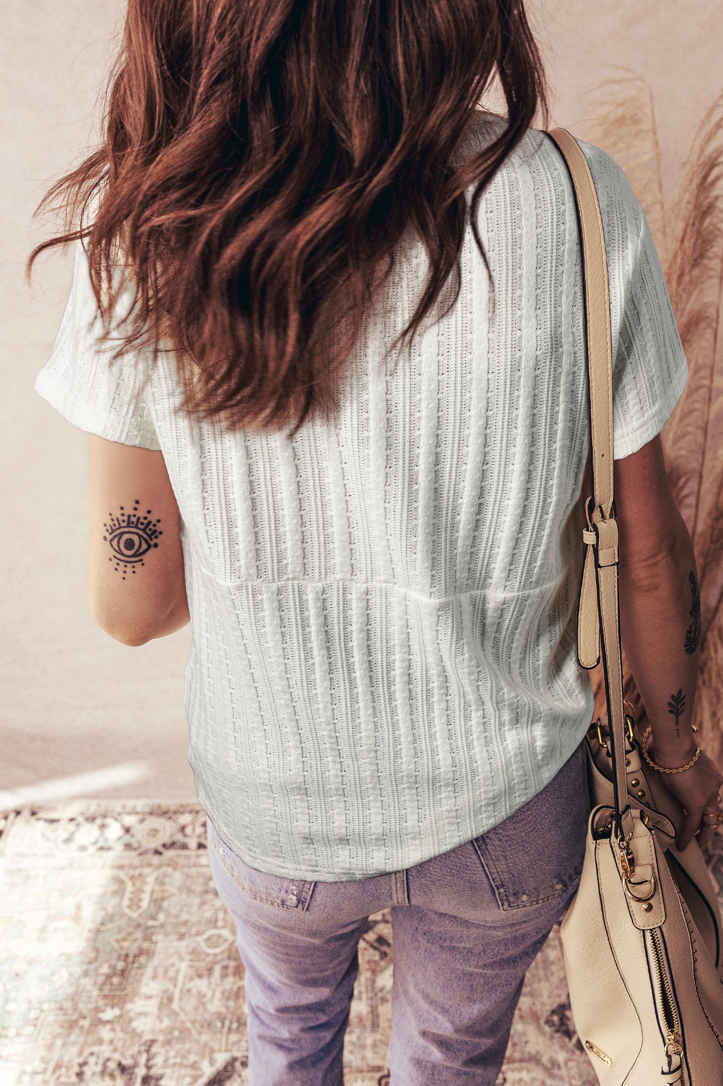 White Solid Color Textured Button V Neck Raw Seam Henley Tee