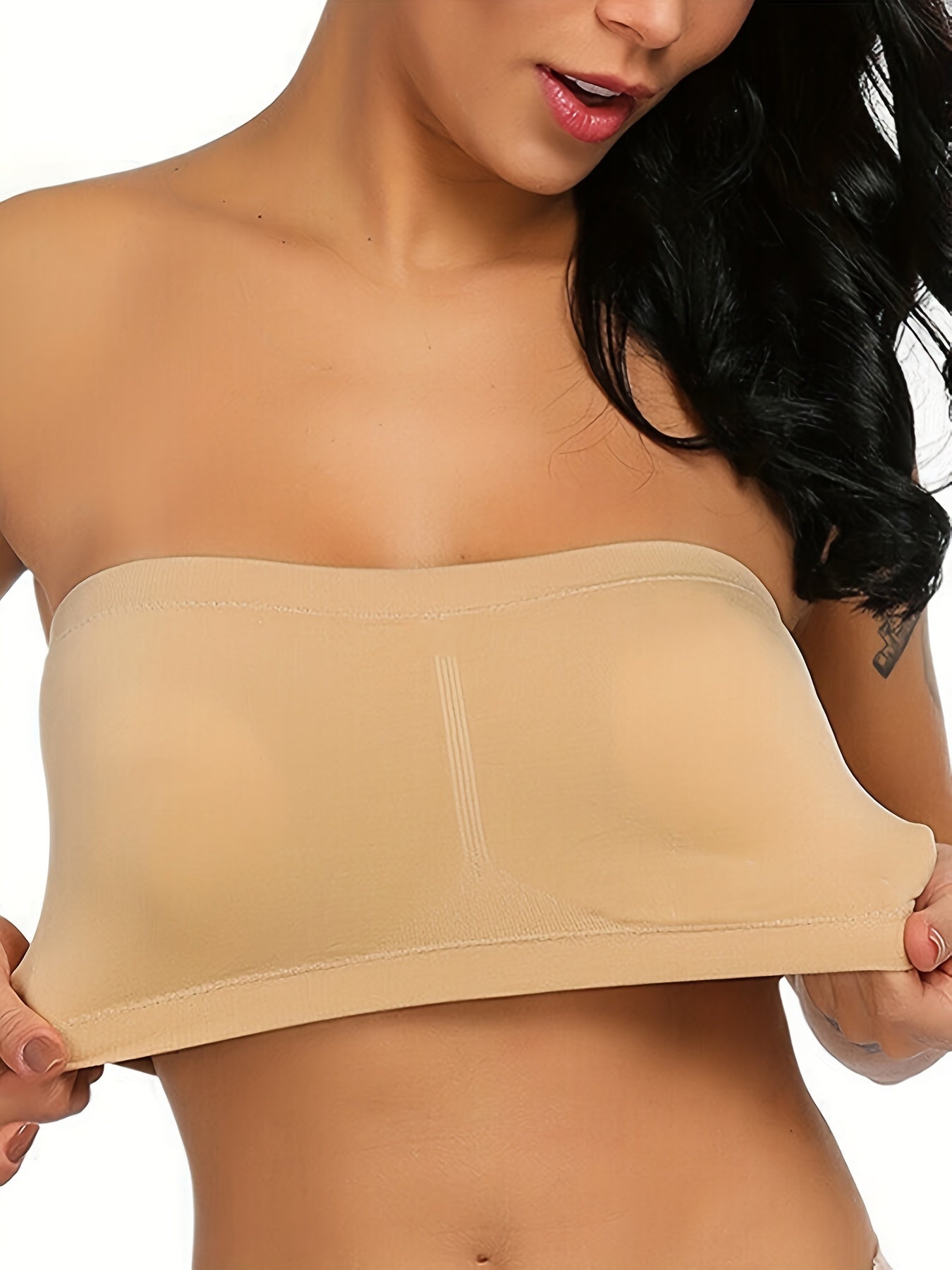 [Plus Size Strapless Bra] Plus Size Double-Layer Strapless Bra | Anti-Slip, Removable Pads, No Underwire, Seamless Smoothing, High Elasticity, Black Camisole Top | For Casual Attire, Comfortable Daily Wear, Offshoulder Fashio