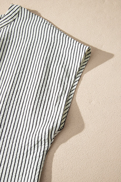 Black Stripe Frilled Detail Half Buttons Short Sleeve Long Dress