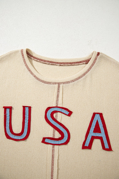 Beige USA Star Contrast Patchwork Exposed Seam Long Sleeve Top