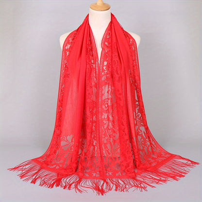 [Floral Lace Scarf With Tassels] Ladies Women's Floral Lace Scarf Shawl With Tassels, Soft Mesh Fringe Wraps Bridal Shawl For Wedding Evening Party Dresses