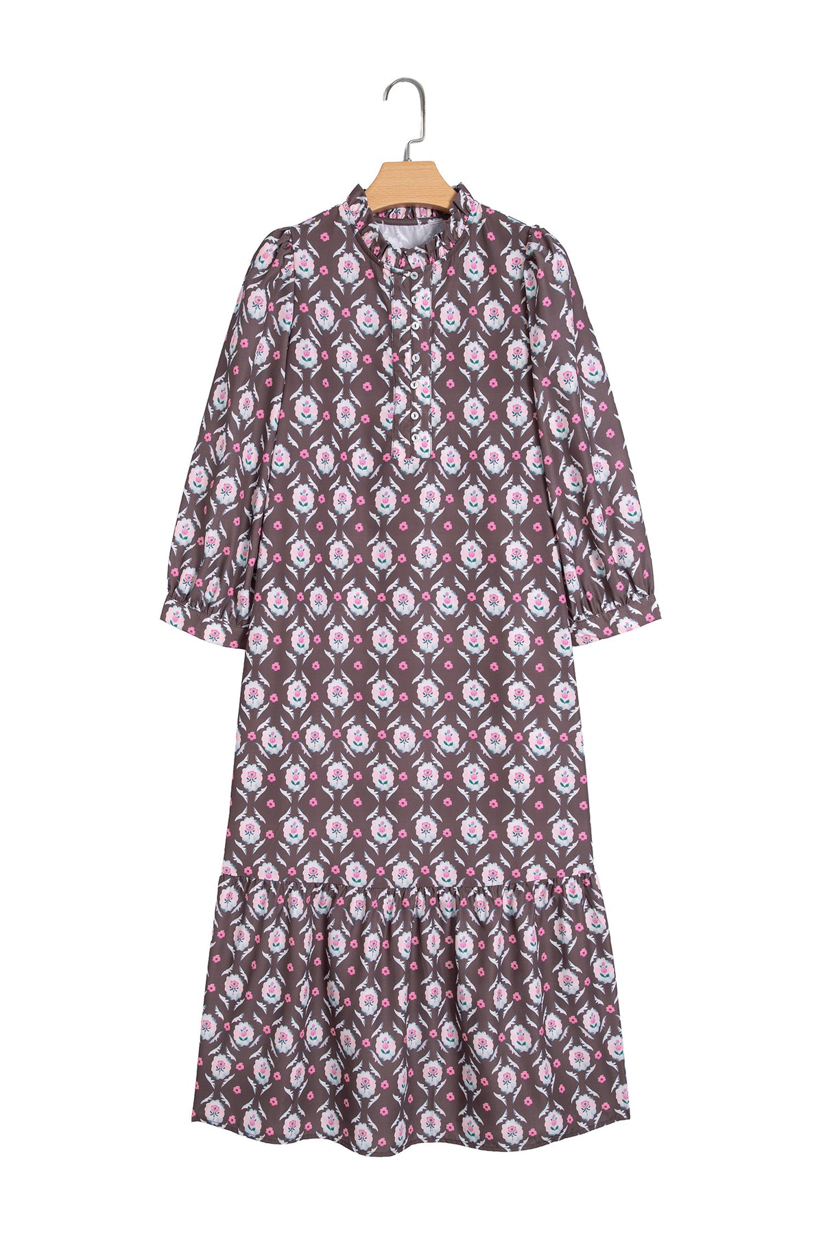Brown Floral Print Button Front Ruffle Hem Midi Dress
