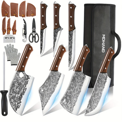 Professional 14pcs Kitchen Chef Knife Set Includes Roll Bag 3-7 Inch, Butcher, Cleaver, Boning, Utility, Splitting Knives for Meat Cutting Fruit Vegetable, High Carbon Stainless Steel Ultra Sharp, with Ergonomic Wood Handle,