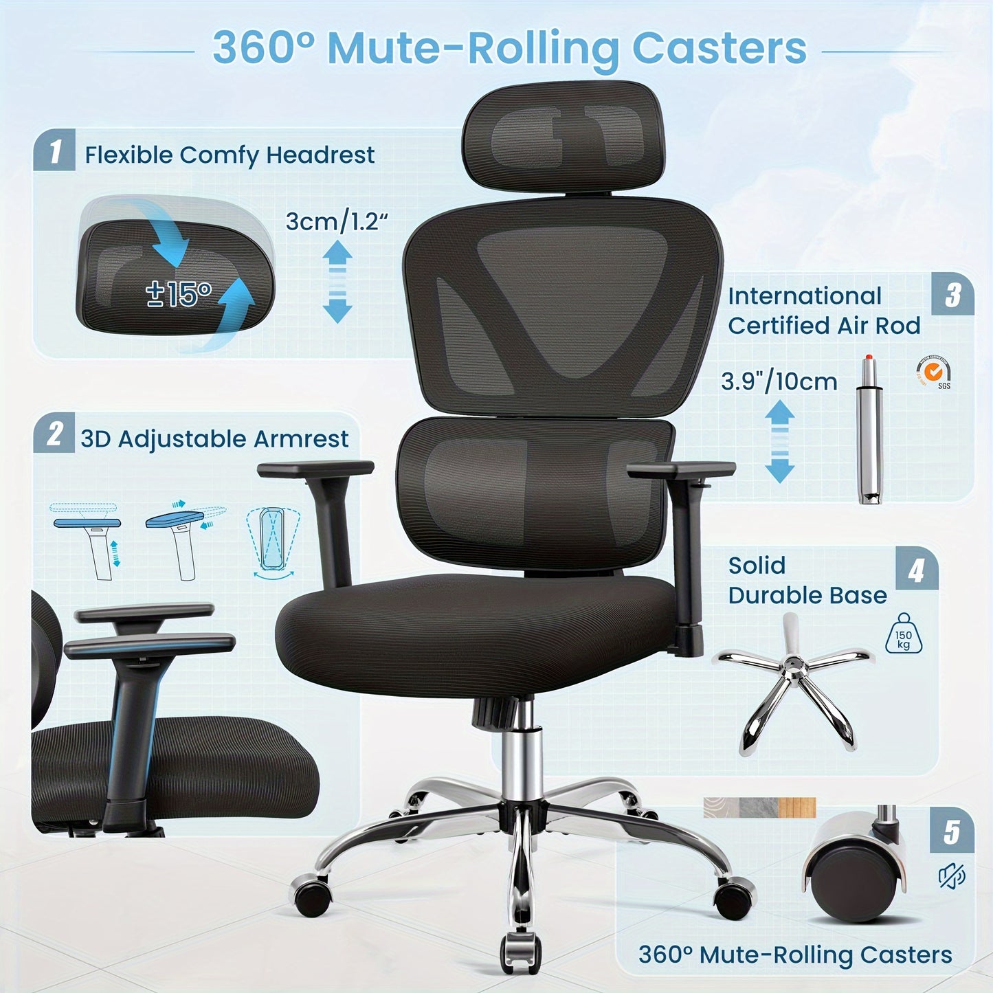 KERDOM Ergonomic Office Chair, Home Desk Chair, Comfy Breathable Mesh Task Chair, High Back Thick Cushion Computer Chair with Headrest and 3D Armrests, Adjustable Height Gaming Chair