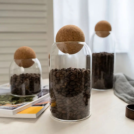 3pcs Cork-Topped Borosilicate Glass Jars with Wooden Balls, Transparent Spice Containers for Seasonings, Coffee, Beans & Kitchen Storage – Dishwasher-Safe Food-Grade Airtight Seal, Affordable Price, Food Preservation, Coffe