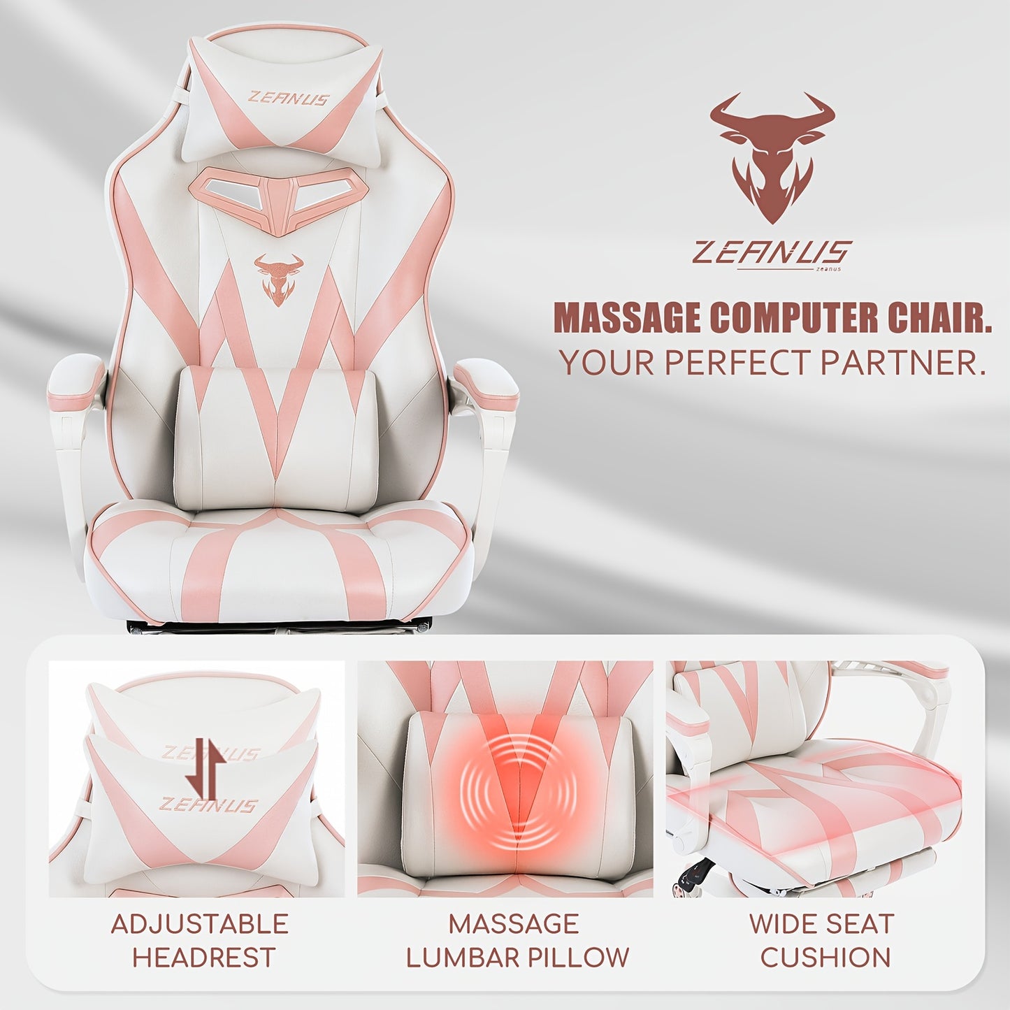 ZEANUS Pink Gaming Chair for Adults & Girls - Ergonomic High Backrest with Massage, Reclining Swivel Office Computer Chair, Racing Style Design with Footrest & Adjustable Armrests, Metal Frame & Soft Foam Padding, Bright Pink