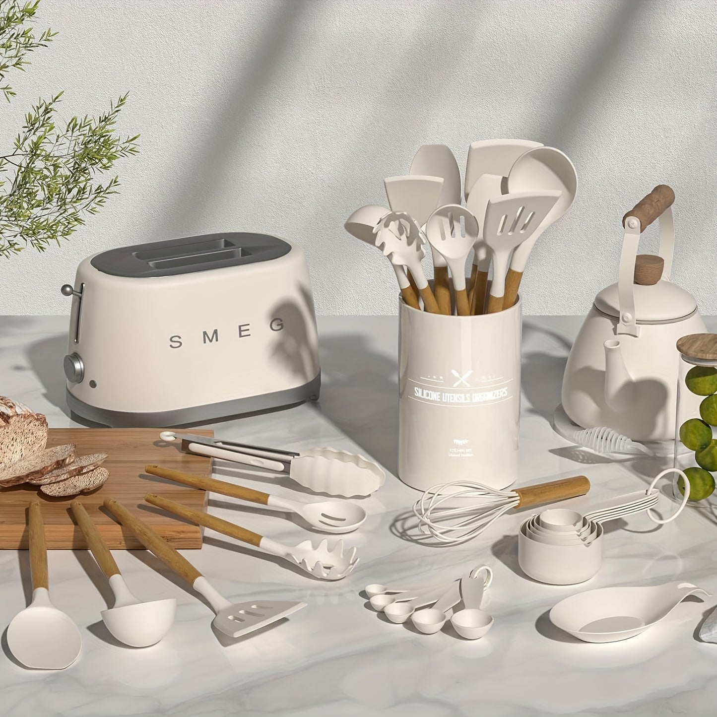 33pcs Silicone Kitchen Utensil Set with Stand - Non-Stick, Heat Resistant Cooking Tools & Gadgets with Wooden Handles