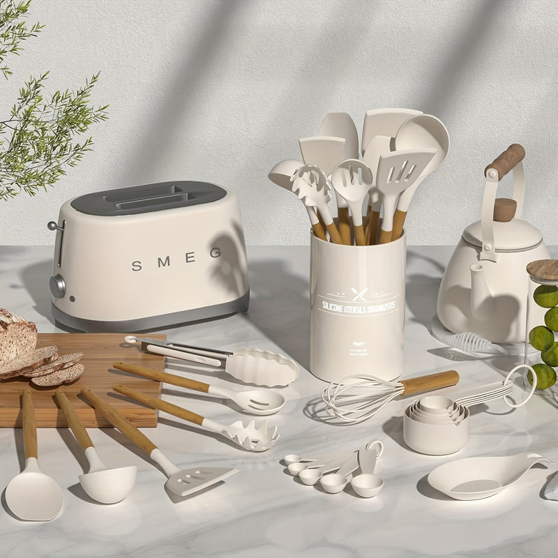 33pcs Silicone Kitchen Utensil Set with Stand - Non-Stick, Heat Resistant Cooking Tools & Gadgets with Wooden Handles