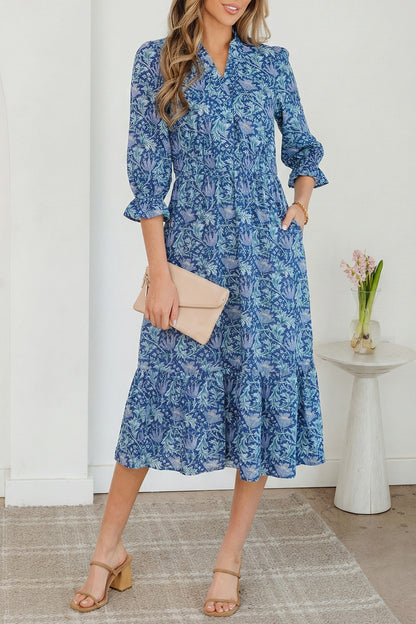 Sky Blue Floral Printed Frilled V Neck Bracelet Sleeve Long Dress