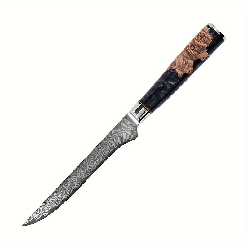 Damascus Steel Black Resin Handle Kitchen Knives. Chef's Knife, Bread Knife, Meat Cutter, Multipurpose Knife, Paring Knife, Paring Knife. Light And Easy To Use, Easy To Clean, Simple And Generous. Good Kitchen Help