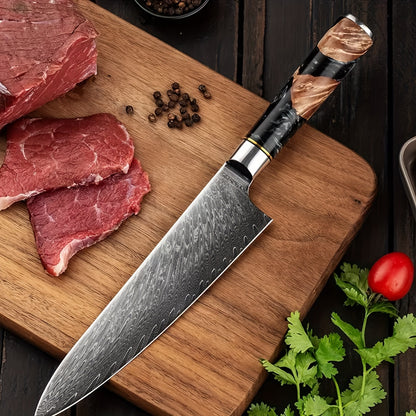 Damascus Steel Black Resin Handle Kitchen Knives. Chef's Knife, Bread Knife, Meat Cutter, Multipurpose Knife, Paring Knife, Paring Knife. Light And Easy To Use, Easy To Clean, Simple And Generous. Good Kitchen Help