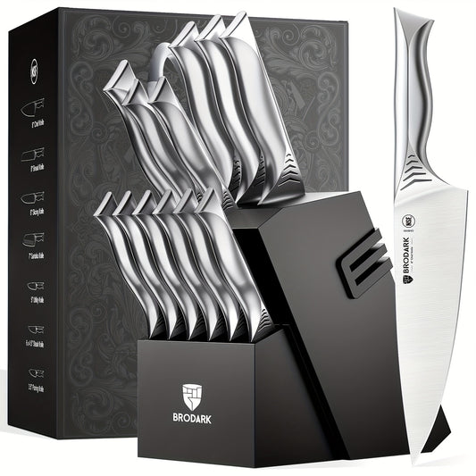 15pcs Brodark Kitchen Knife Set With Block, Knife Block Set With Built-in Sharpener, Dishwasher Safe Knives Set For Kitchen, NSF Certified Stainless Steel Kitchen Knives, Shark Series