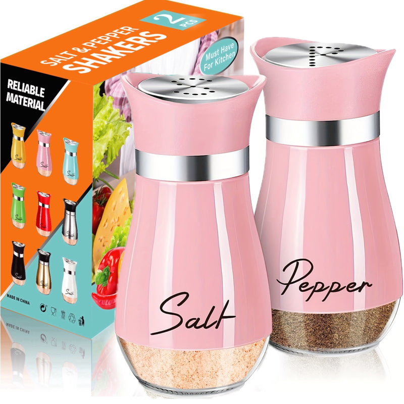 Salt and Pepper Shaker Set, 4oz Glass Bottom Salt and Pepper Shaker, Suitable for Kitchen, Dining Table, RV, Camping, BBQ, Refillable Design (Pink)