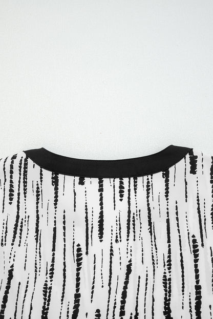 White Abstract Printed V Neck Fall Blouse
