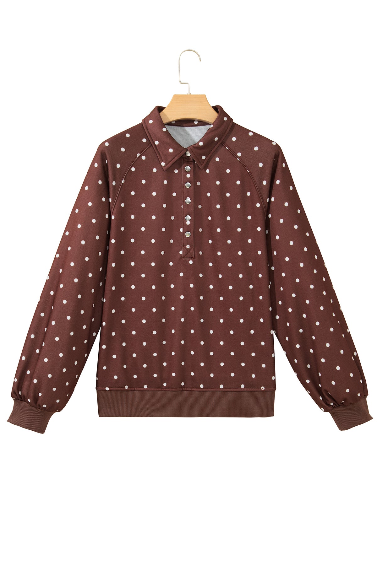Pink Polka Dot Print Metal Button Collar Casual Pullover Sweatshirt