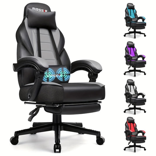 BOSSIN Gaming Chair With Massage, PU Leather Computer Desk Chair With Footrest And Headrest, Ergonomic Heavy Duty Design, Large Size High-Back E-Sports - For Gamers - Suitable for Long Hours of Gaming - Perfect Gift for Gamer