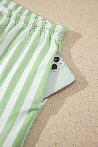 Gossamer Pink Striped Color Block Pullover Top Drawstring Shorts Set