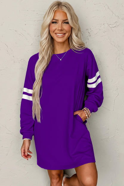 Tillandsia Purple Varsity Contrast Banded Sleeve Shift Sweatshirt Dress