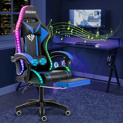 LED Gaming Chair With Wireless Speakers And Massage Big And Tall Video Game Chair For 397lbs With Footrest Reclining High Back Computer Desk Chair