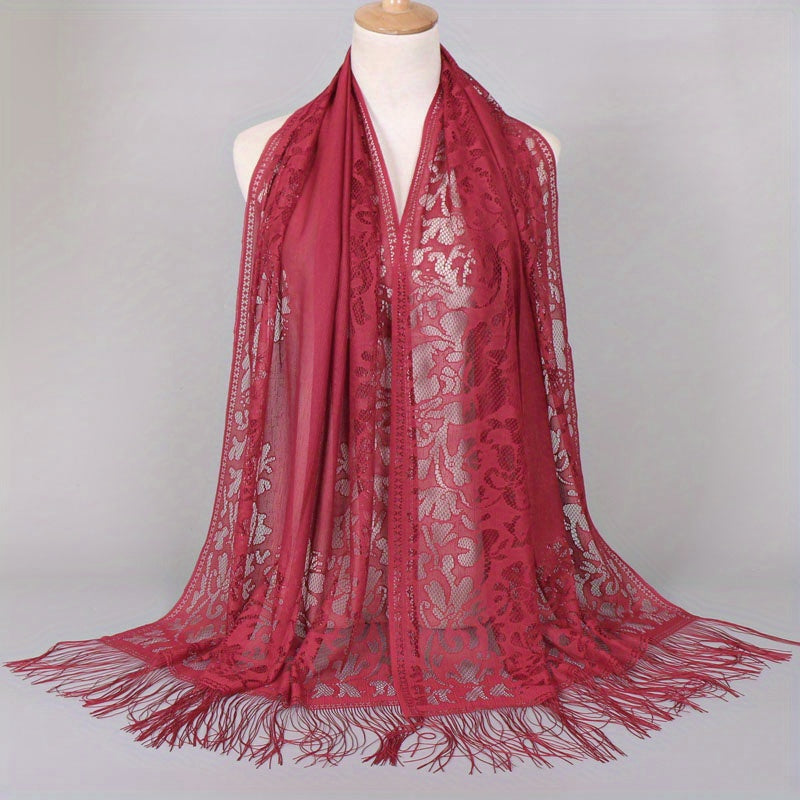 [Floral Lace Scarf With Tassels] Ladies Women's Floral Lace Scarf Shawl With Tassels, Soft Mesh Fringe Wraps Bridal Shawl For Wedding Evening Party Dresses
