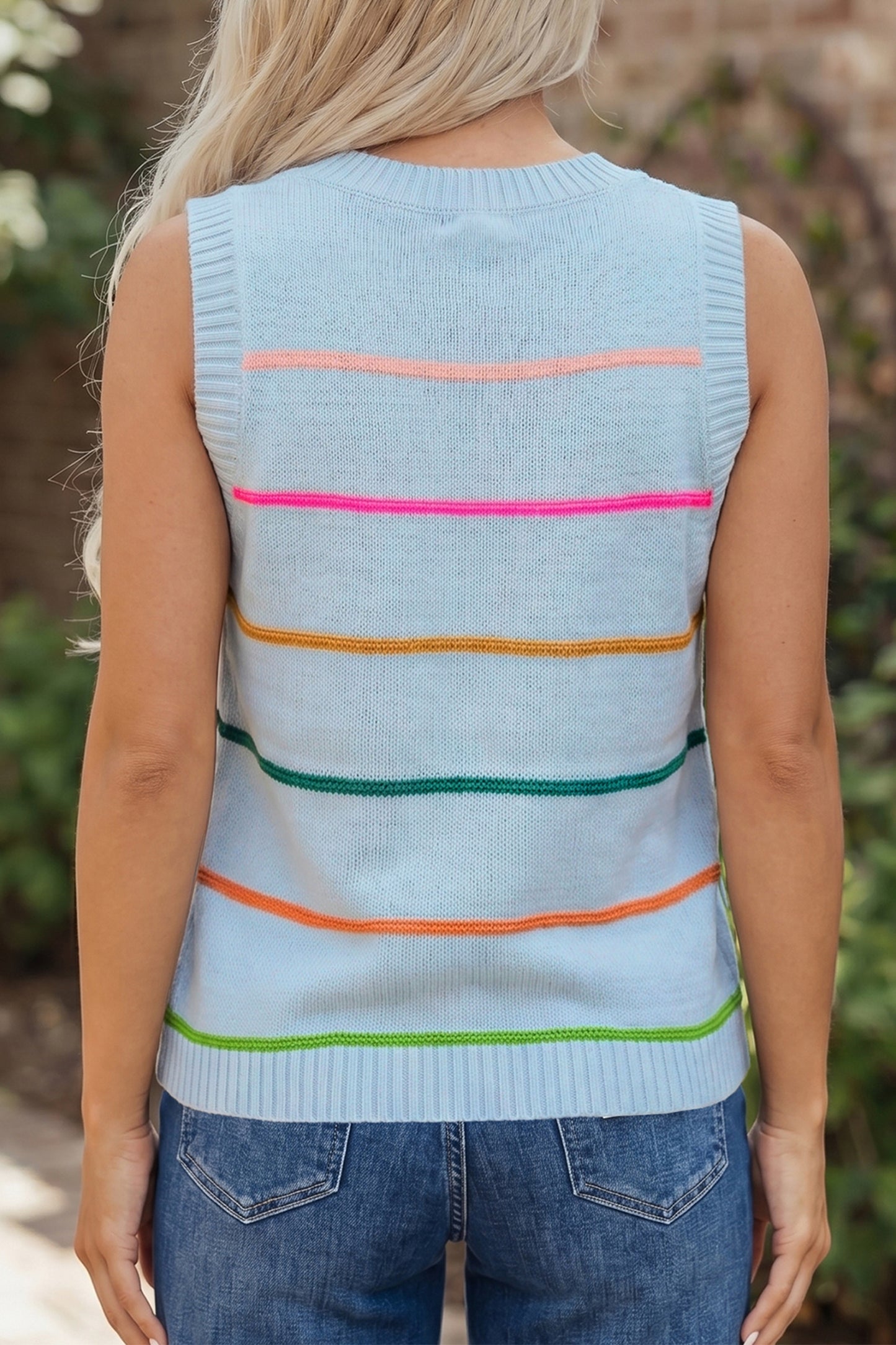 Green Stripe Round Neck Knitted Sweater Tank