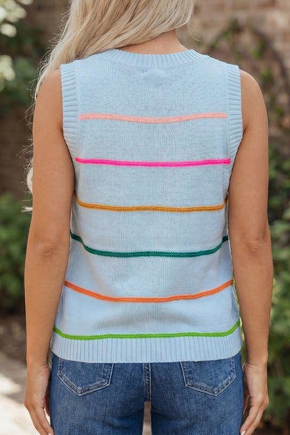 Green Stripe Round Neck Knitted Sweater Tank