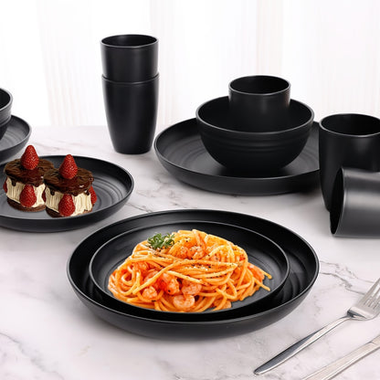 Premium Family Outdoor Dinnerware Set - 16 Unbreakable Pieces, Microwave - and Dishwasher - Safe, Black Set with 8 Plates, 4 Bowls and 4 Cups