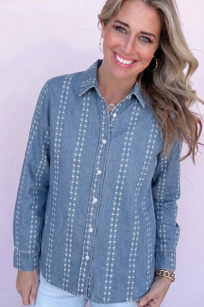 Myosotis Floral Print Button-Down Long Sleeve Denim Shirt