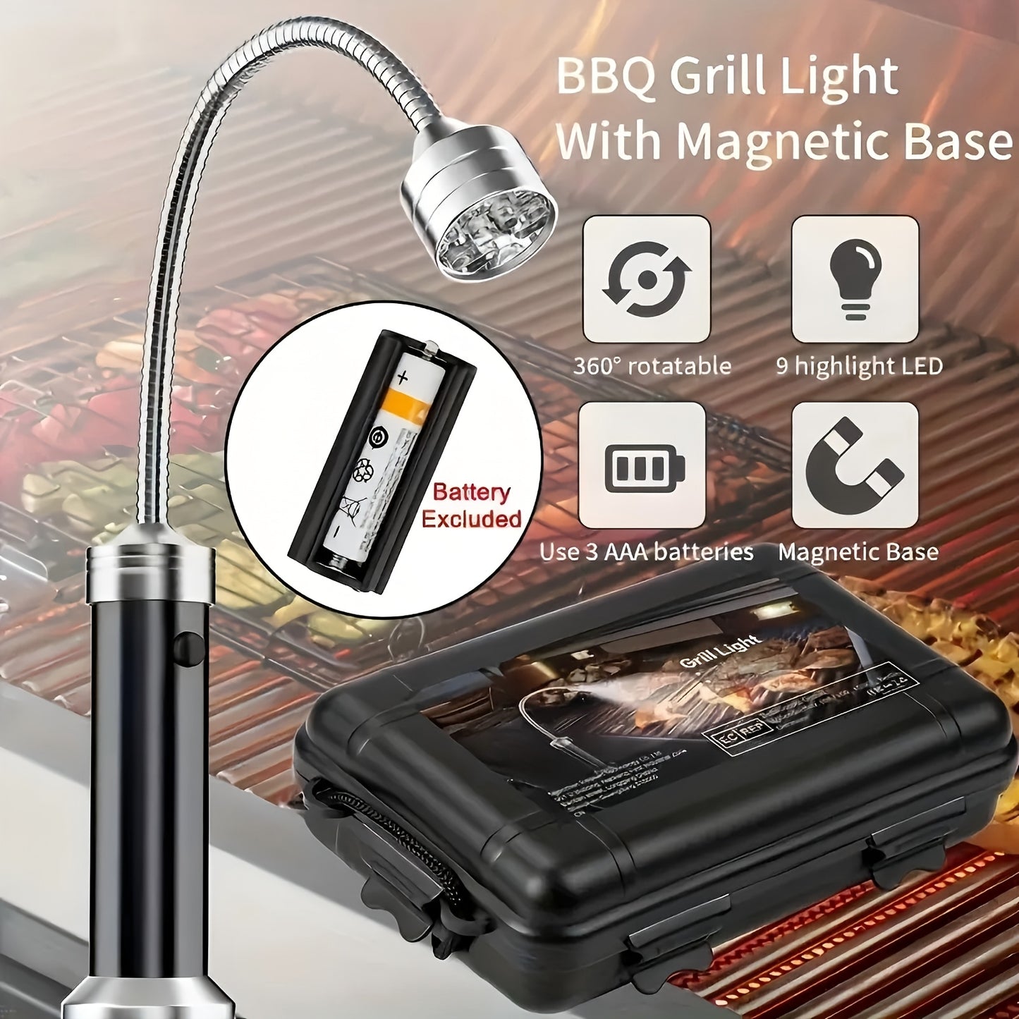 Set of 2 Magnetic LED Lights for BBQ Grilling, Featuring 360° Flexibility, Multi-Color Options, And Dual Light Heads - Perfect for Outdoor Cooking, Made of Aluminum Alloy, And Powered by Batteries (Included)
