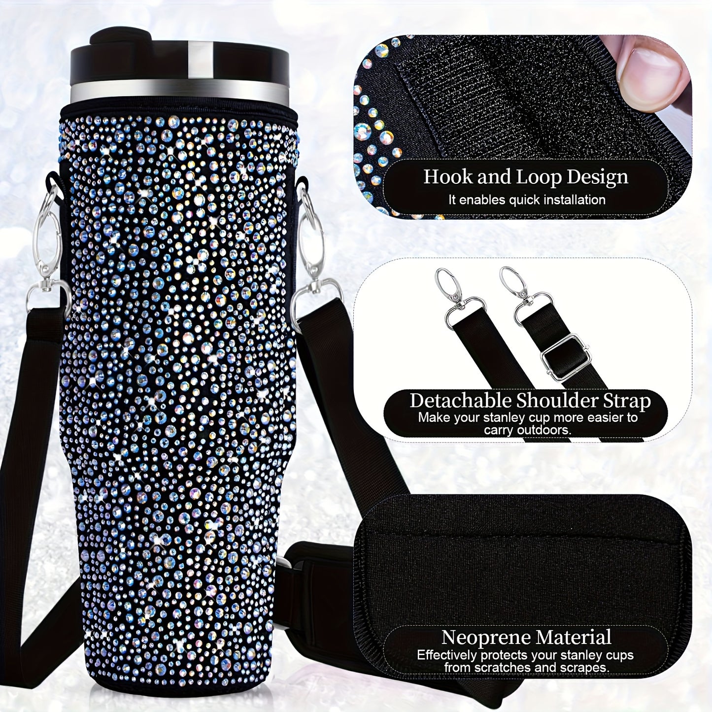 Shimmering Bling Water Bottle Carrier Bag - Perfect for Stanley 40Oz Tumbler, Features Comfortable Handle & Adjustable Strap, Premium Drinkware Accessory
