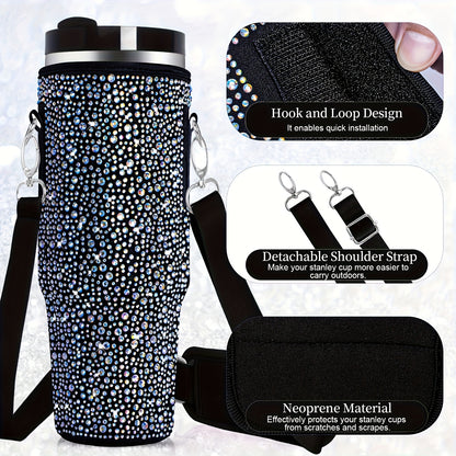 Shimmering Bling Water Bottle Carrier Bag - Perfect for Stanley 40Oz Tumbler, Features Comfortable Handle & Adjustable Strap, Premium Drinkware Accessory
