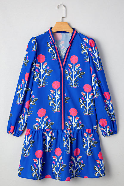 Sky Blue Floral Print Contrast Striped Trim Notched Neck Long Sleeve Dress