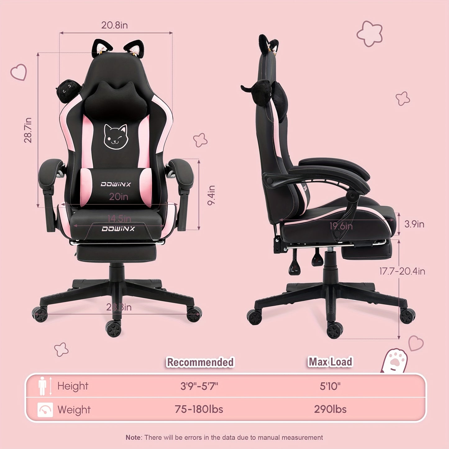 Dowinx Gaming Chair Cute with Cat Ears and Massage Lumbar Support, Ergonomic Computer Chair for Girl with Footrest and Headrest, Comfortable Reclining Game Chair 290lbs for Adult, Teen Back-to-school Season Gift, School Suppl