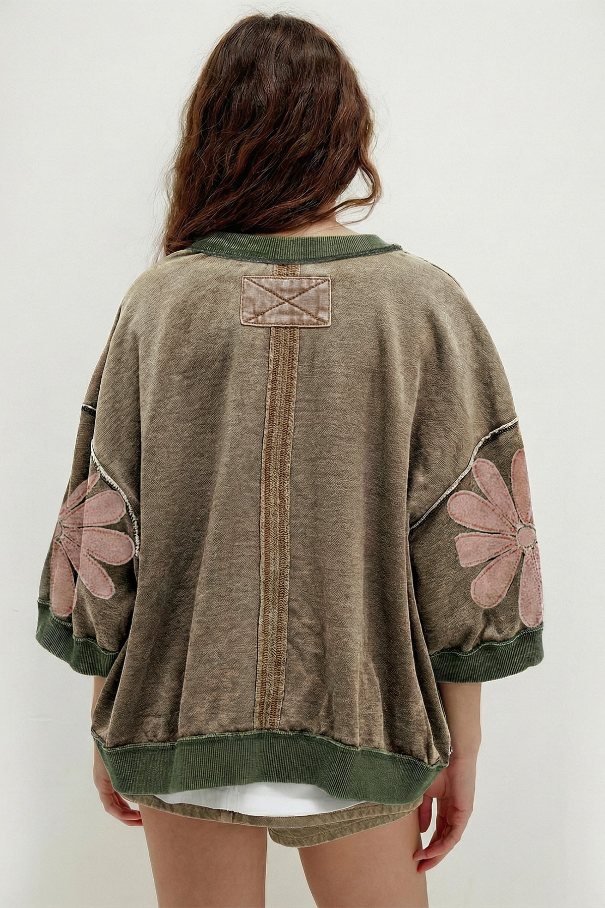 Breen Mineral Wash Raw Seam Patchwork Flower Patched 3/4 Sleeve Oversize Top