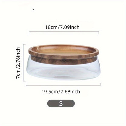 Double Layer Wooden Trays - 1pc Glass Bowl Nuts Fruits Food Container For Cereals - Candy Jars With Wooden Lid Home Kitchen Storage Supplies