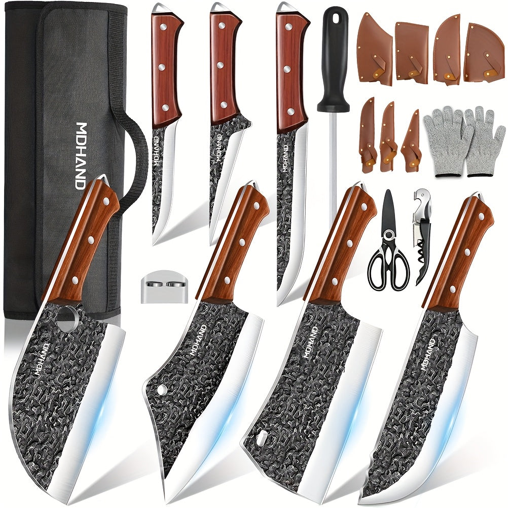Professional 14pcs Kitchen Chef Knife Set Includes Roll Bag 3-7 Inch, Butcher, Cleaver, Boning, Utility, Splitting Knives for Meat Cutting Fruit Vegetable, High Carbon Stainless Steel Ultra Sharp, with Ergonomic Wood Handle,