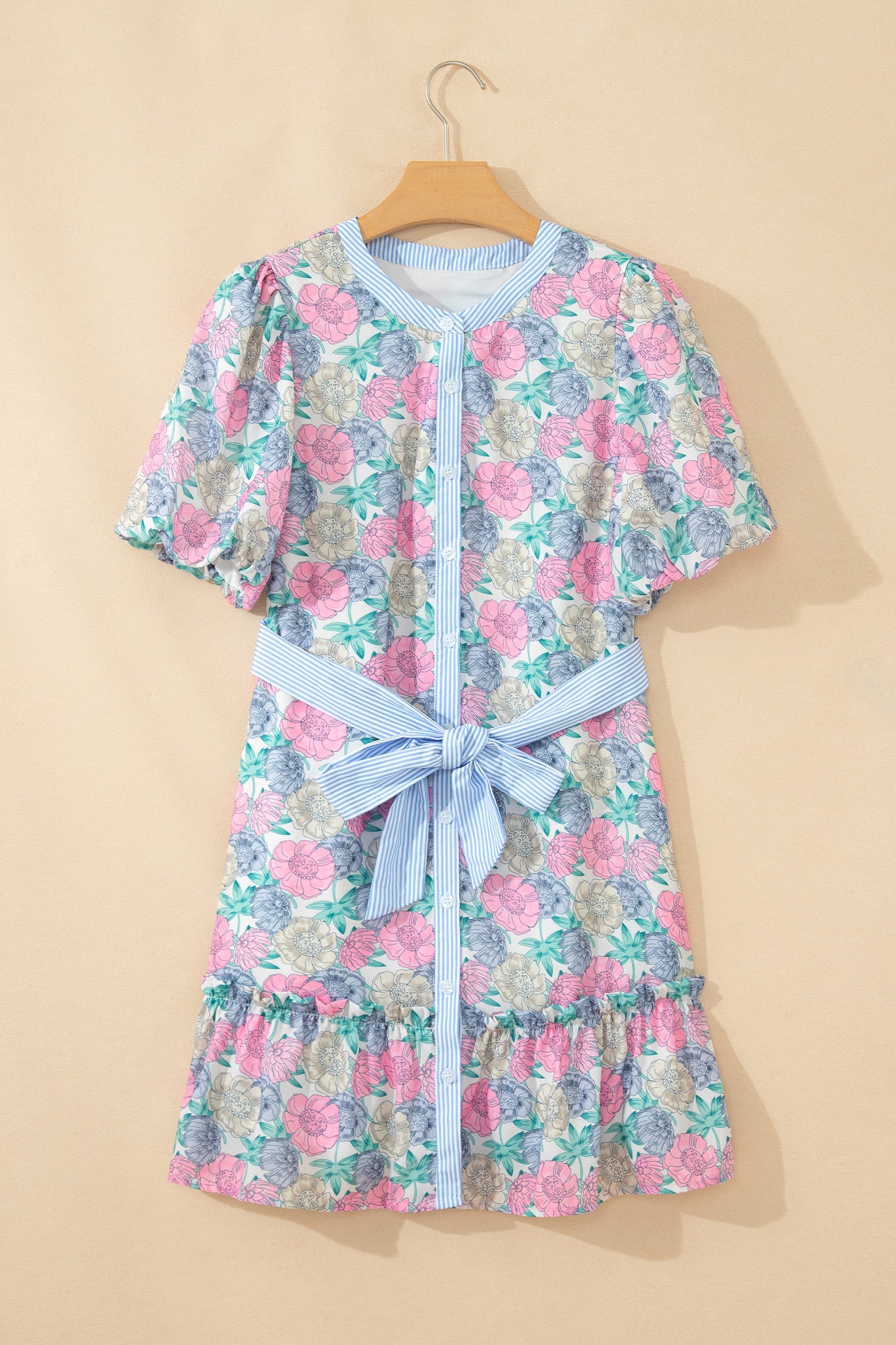 White Floral Print Striped Contrast Trim Belted Short Dress