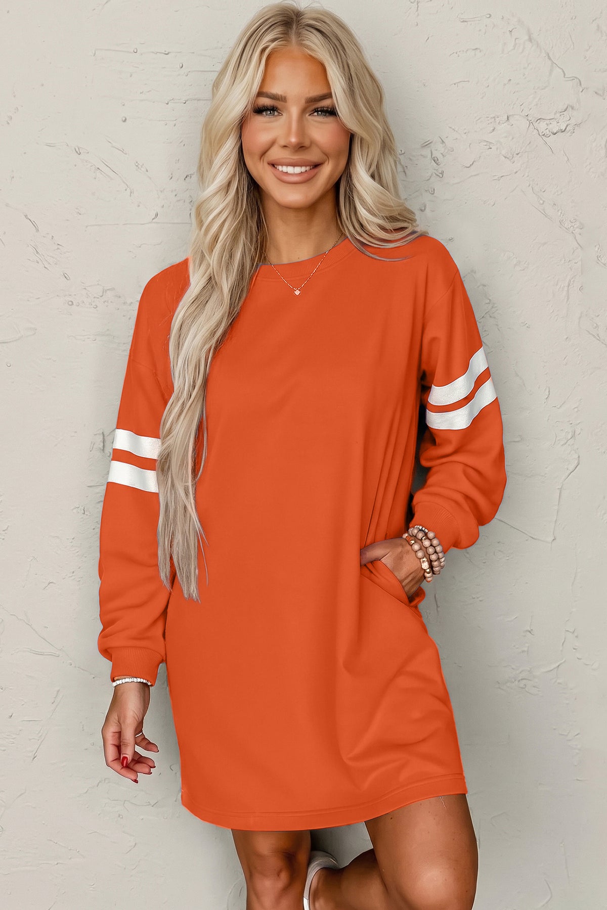 Orange Varsity Contrast Banded Sleeve Shift Sweatshirt Dress