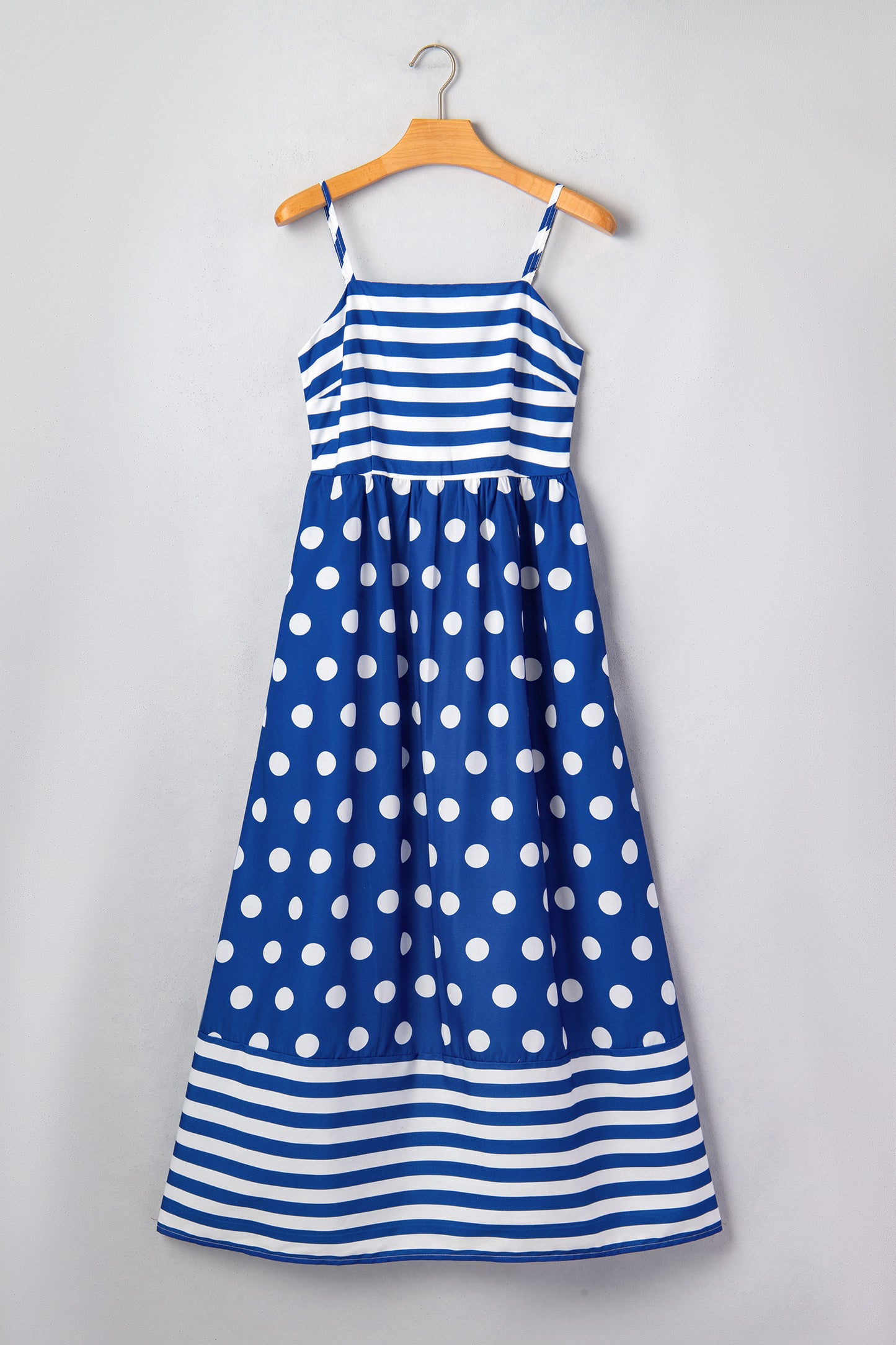 Blue Striped Polka Dot Patchwork High Waist Spaghetti Straps Maxi Dress
