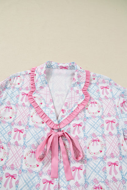 Pink Bow Wreath Pattern Christmas Holiday Tied Front Long Sleeve 2pcs Pajama Set
