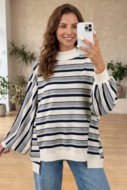 Blue Stripe Striped Ribbed Stand Neck Long Sleeve Shift Silhouette Sweatshirt