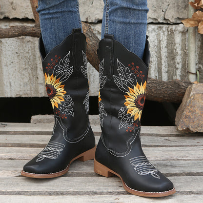 Women's Embroidered Mid Calf Western Boots, Faux Leather Fashion Boots, Women's Footwear