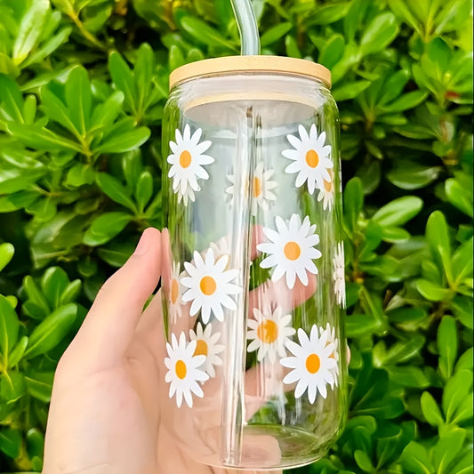 [Daisy Print Glass Tumbler] Reusable Floral Daisy Print Glass Tumbler with Lid and Straw - Hand Wash Only, Flower Theme Drinkware for Home Use, Ideal Halloween Gift
