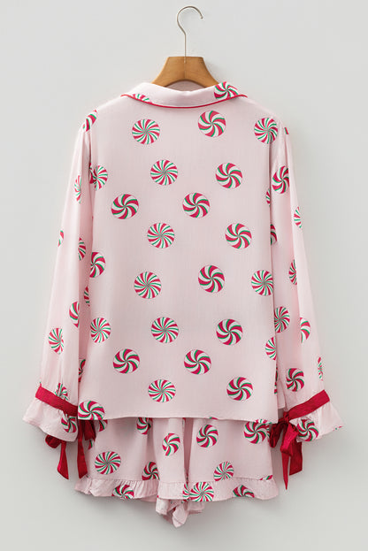 Pink Christmas Candy Contrast Trim Bow Knot Silky 2pcs Pajama Set