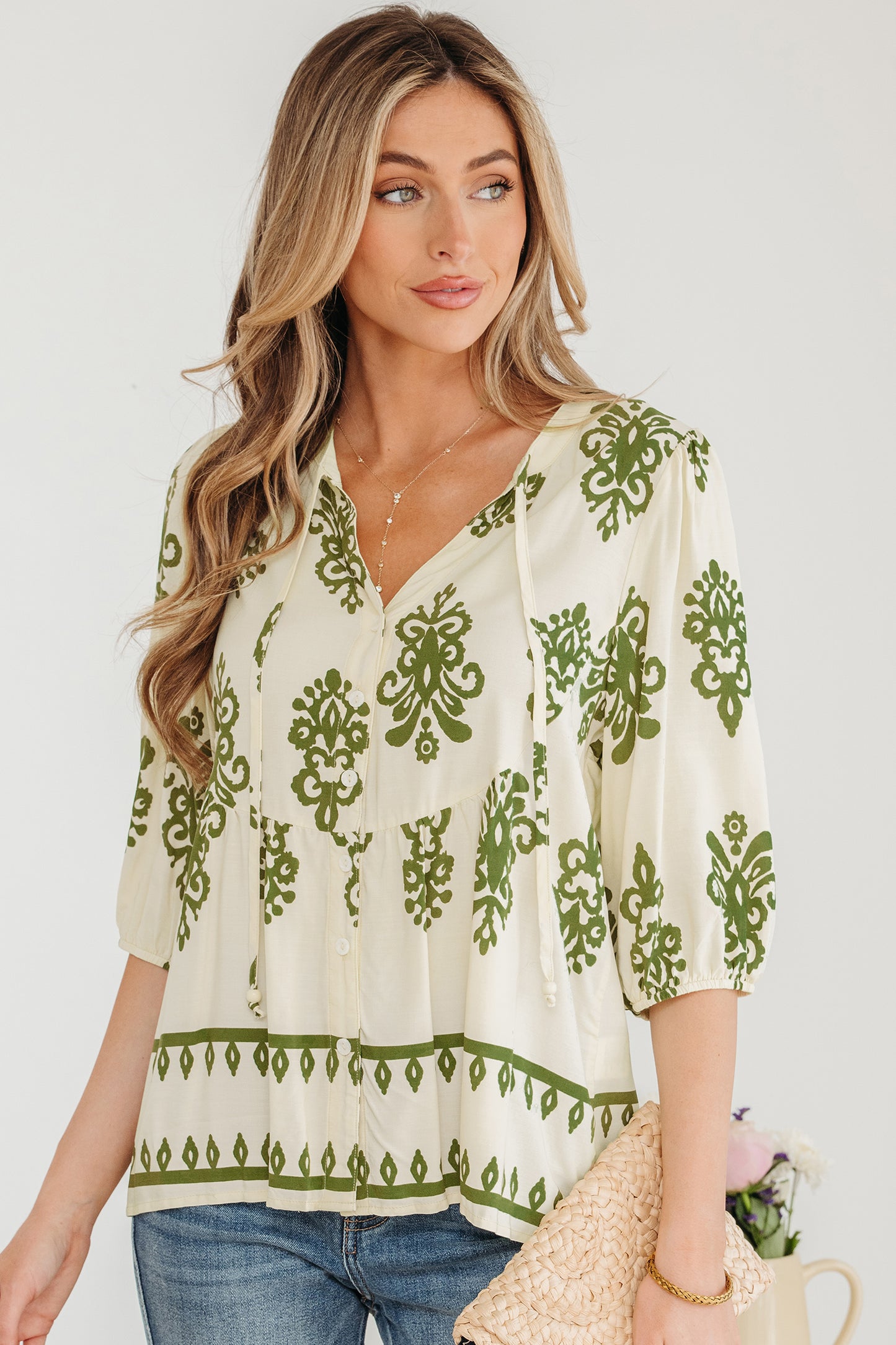 Apricot Floral Print Tie V Neck Button Down Puffy Half Sleeve Shirt