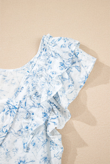 Sky Blue Floral Ruffled Short Sleeve Bow Back Square Neck Blouse