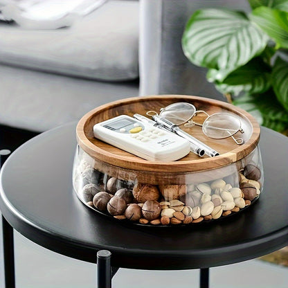 Double Layer Wooden Trays - 1pc Glass Bowl Nuts Fruits Food Container For Cereals - Candy Jars With Wooden Lid Home Kitchen Storage Supplies