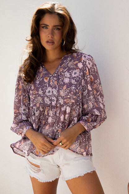 Blue Boho Flower Print 3/4 Sleeve Babydoll Blouse