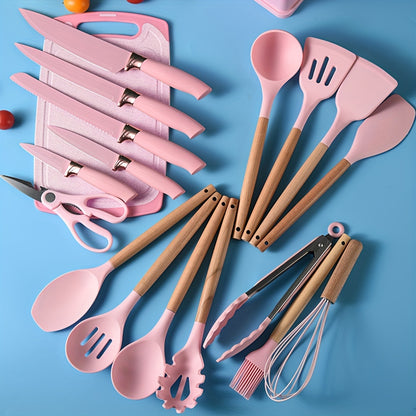 19-Piece Premium Heat-Resistant Silicone Kitchen Utensil Set With Wooden Handles, Chef Knifes, Non-Stick Friendly Cooking Tools, and Bamboo Storage Bucket